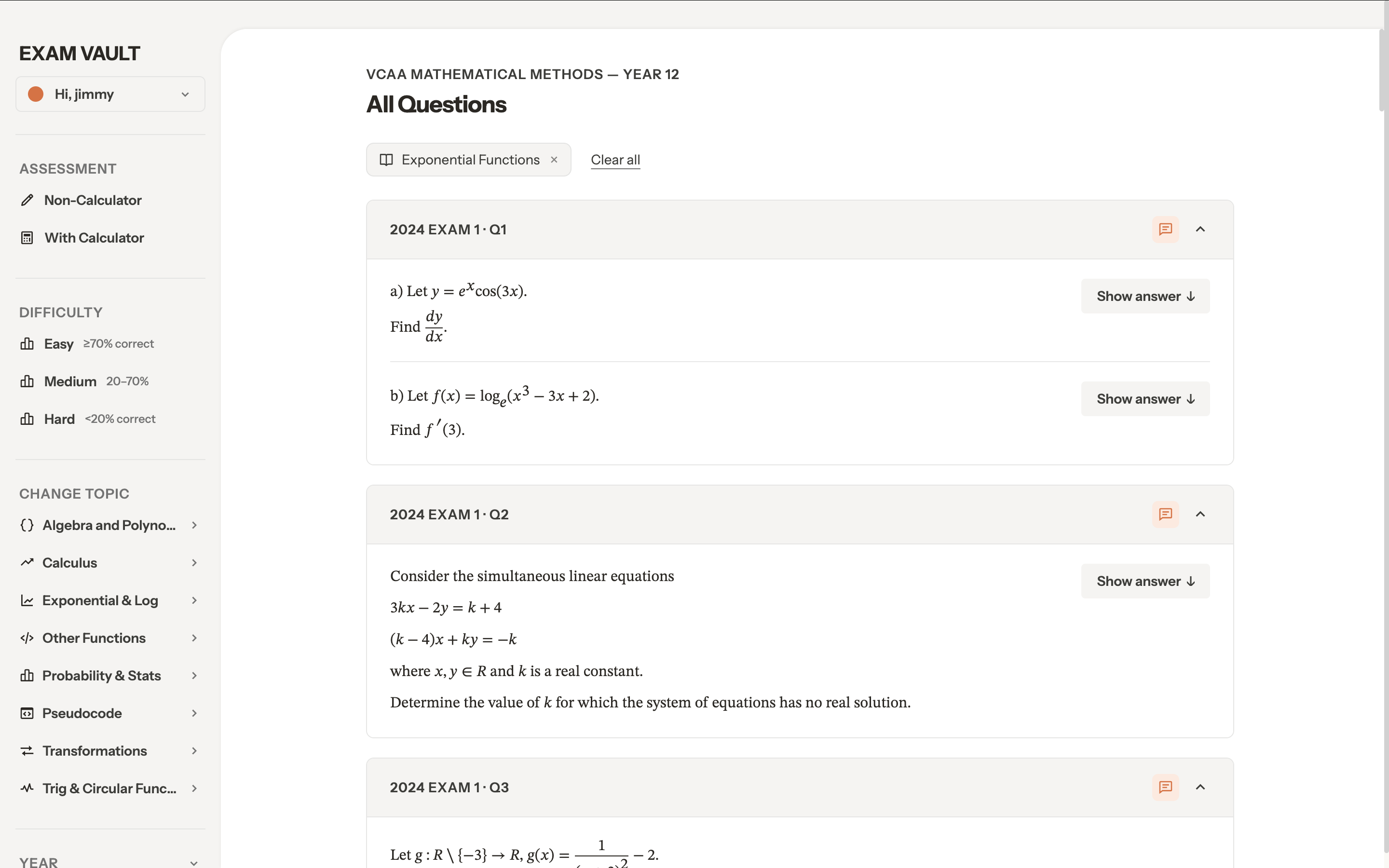 Exam Vault, past exam questions organised by topic and difficulty